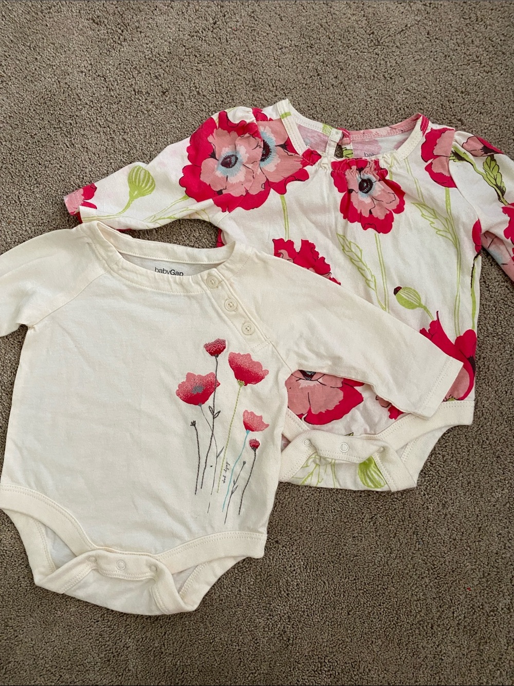 Great for  TWINS!!!! 2 GAP Cream One-Piece Bodysuits with Pink Floral Print